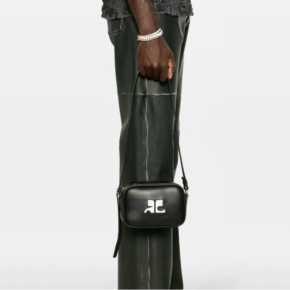 Black Leather Crossbody Bag with White Logo Accent from Courreges.